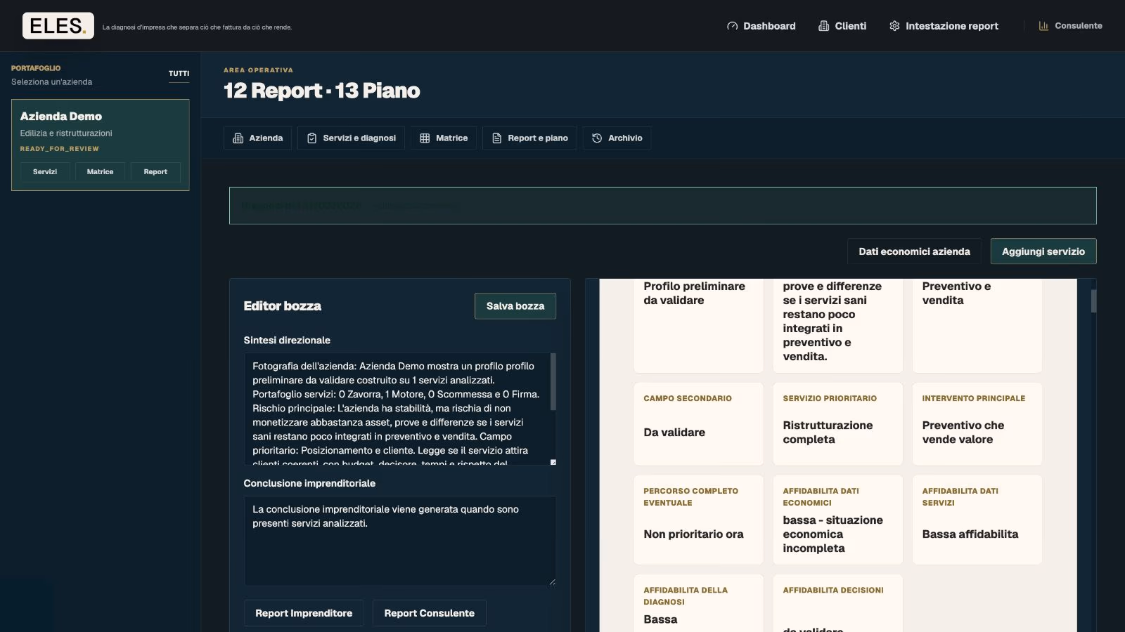 Editor e anteprima del report reale generato da ELES
